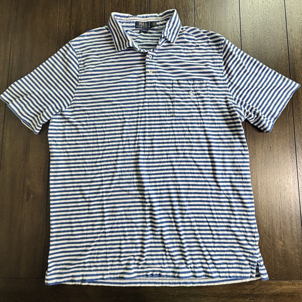 Polo Ralph Lauren Polo Shirt XL Blue White Striped Classic Fit Cotton Pocket